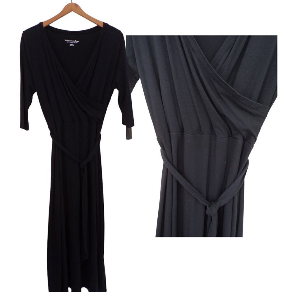 Soft Surroundings Women's Black Maxi Size M Faux Wrap Belted 3/4 Sleeve Dress